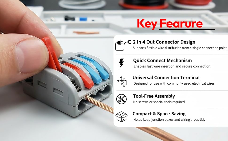 Universal Hub 4Pcs Lever Wire Connectors, Quick Wiring Cable Connector Push-in Conductor Terminal Block, 2 in 4 Out - Image 2