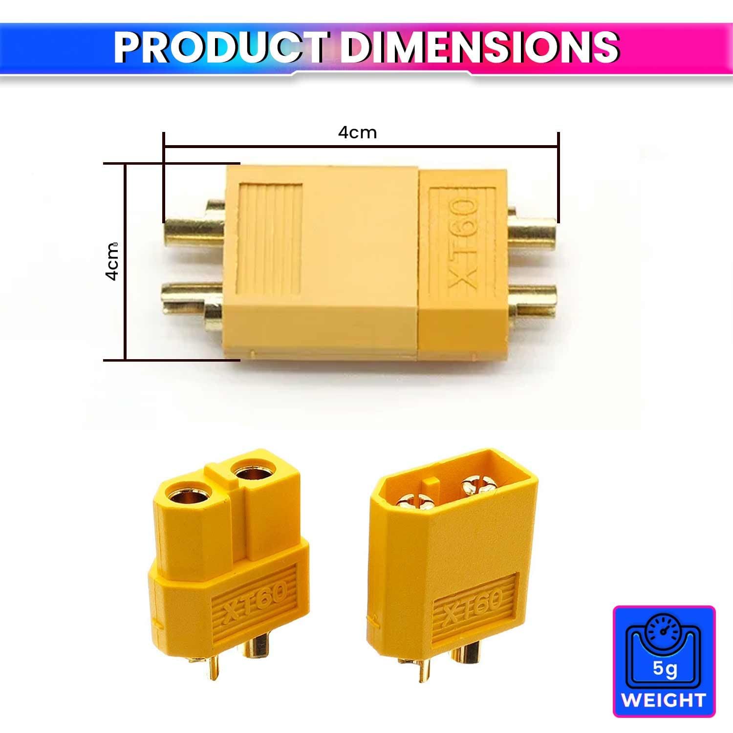 Universal Hub XT60 Connector Pin Set ? Yellow Gold Plated Battery Connector Plugs (Male & Female) for RC Lipo Batteries, Drones, and Robotics (1) - Image 4