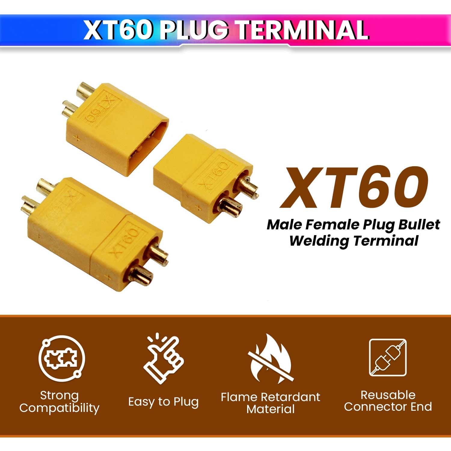 Universal Hub XT60 Connector Pin Set ? Yellow Gold Plated Battery Connector Plugs (Male & Female) for RC Lipo Batteries, Drones, and Robotics (1) - Image 3