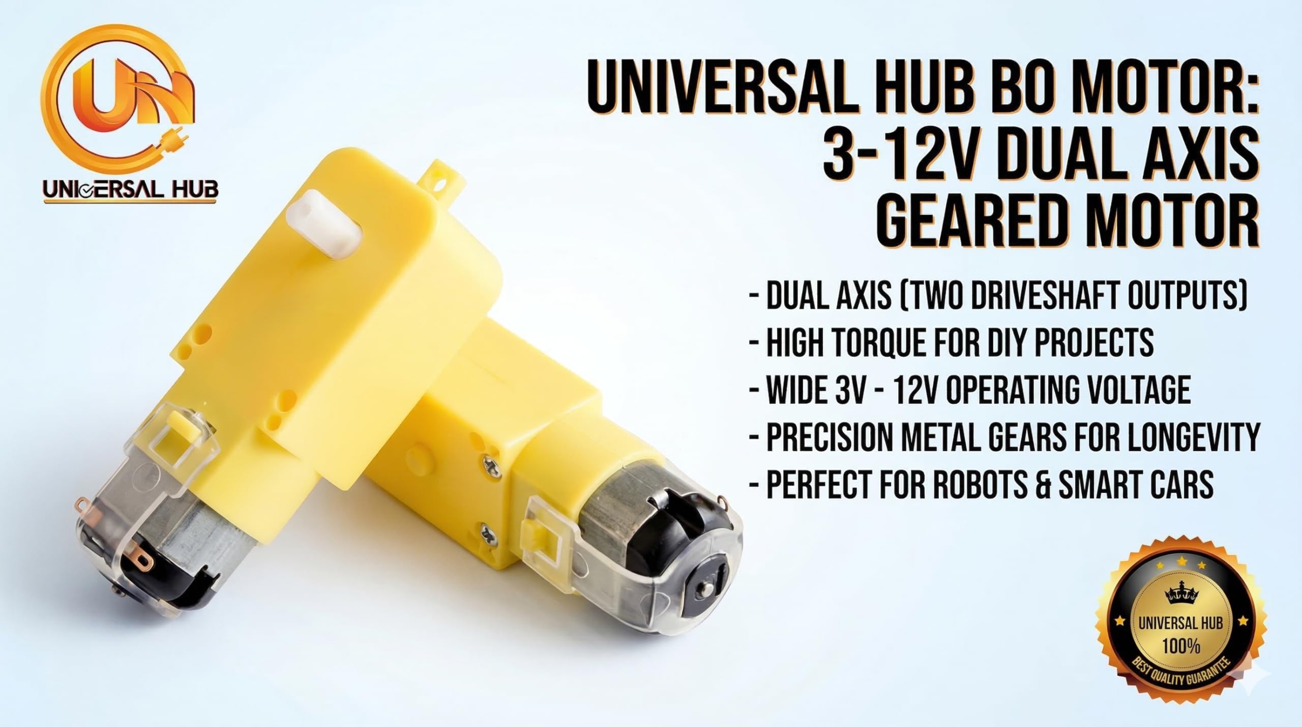 Universal Hub 4-Piece BO Gear Motor & 4 Piece-45mm Wheel Kit, Dual Shaft 3V-12V Copper Binding Motor for Science Projects & Robotics - Image 3