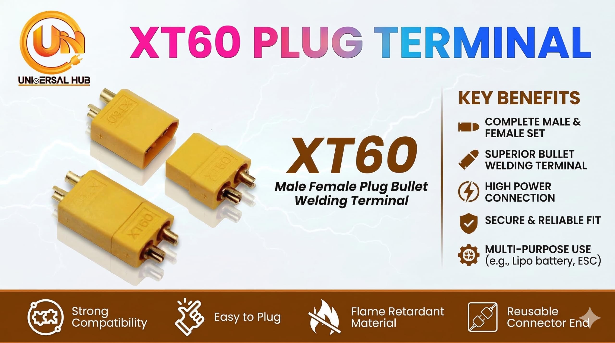 Universal Hub XT60 Connector Pin Set ? Yellow Gold Plated Battery Connector Plugs (Male & Female) for RC Lipo Batteries, Drones, and Robotics (4) - Image 5