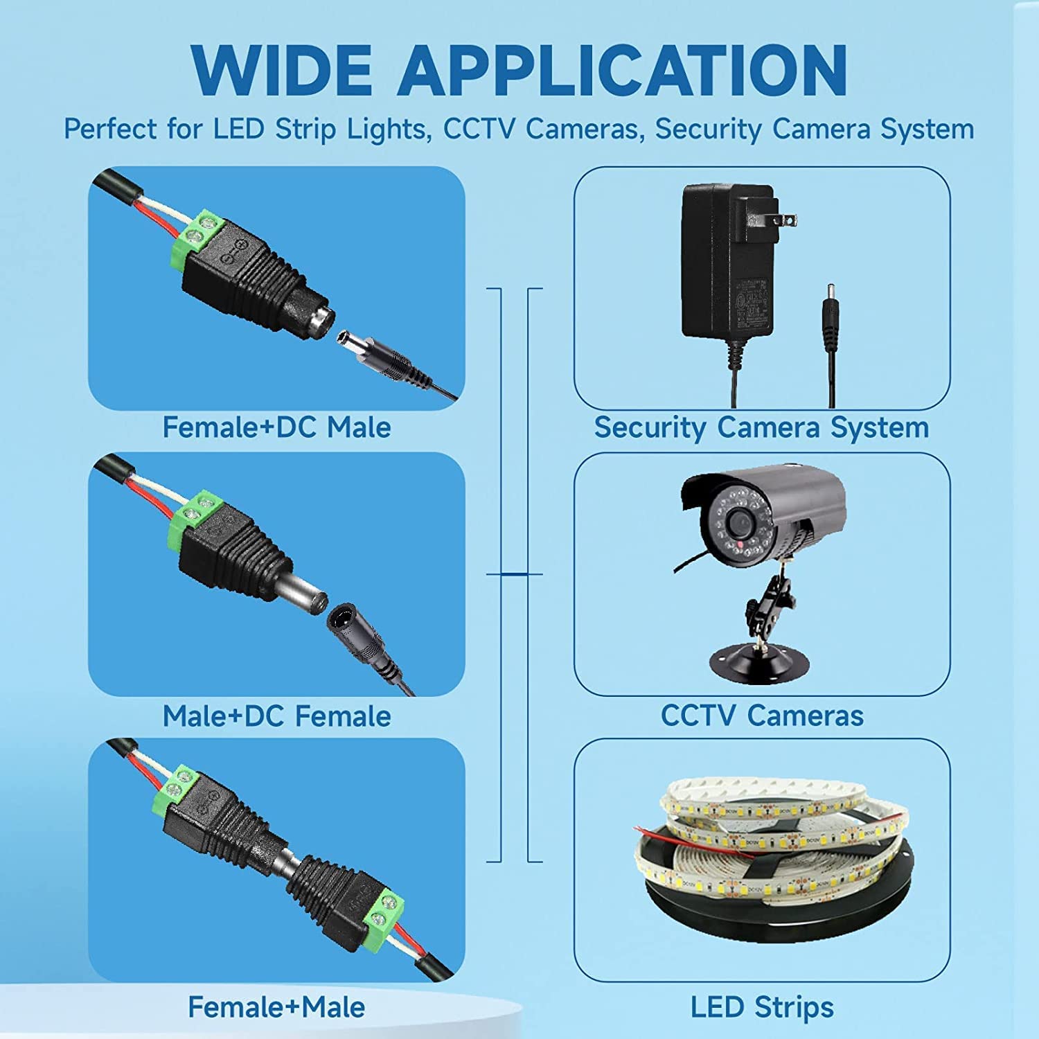 UNIVERSAL HUB DC Power Jack Plug Adapter Connector, 12V, 24V Male + Female 2.1 x 5.5MM Connector Terminal Barrel for CCTV Camera/LED Strip Light, DVR, Car Rearview Monitor System 2 Pair - Image 4