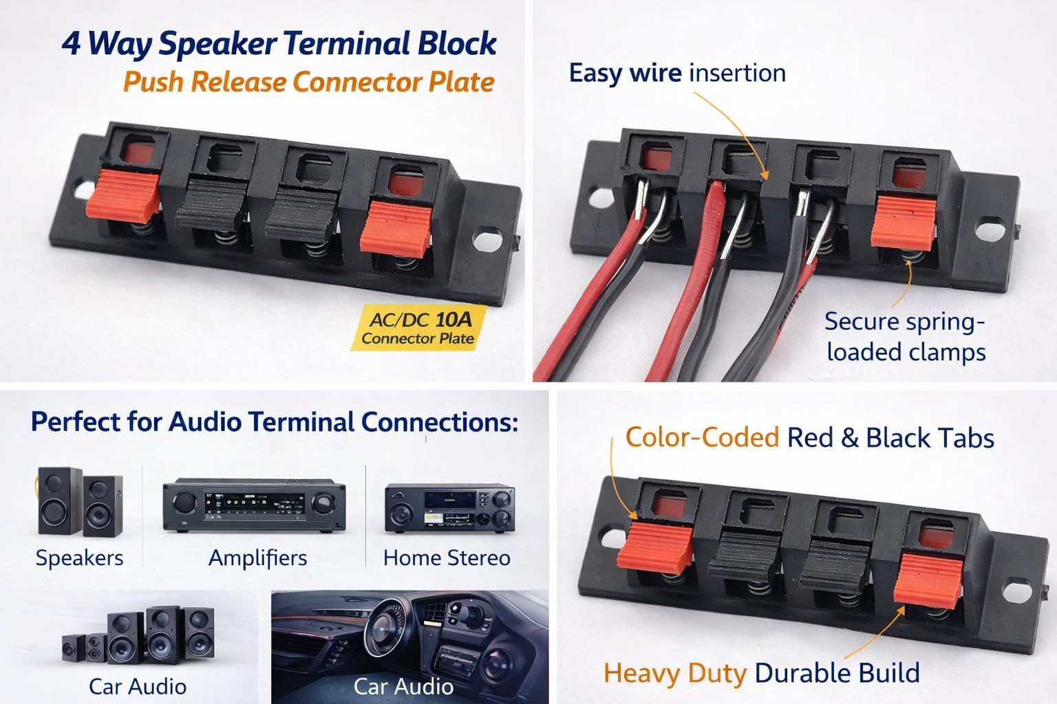 Universal Hub Pack of 5 Speaker Terminal Block Stereo Push Release Connector Plate 4 Way Amplifier Spring Jointing Clamp - Image 2