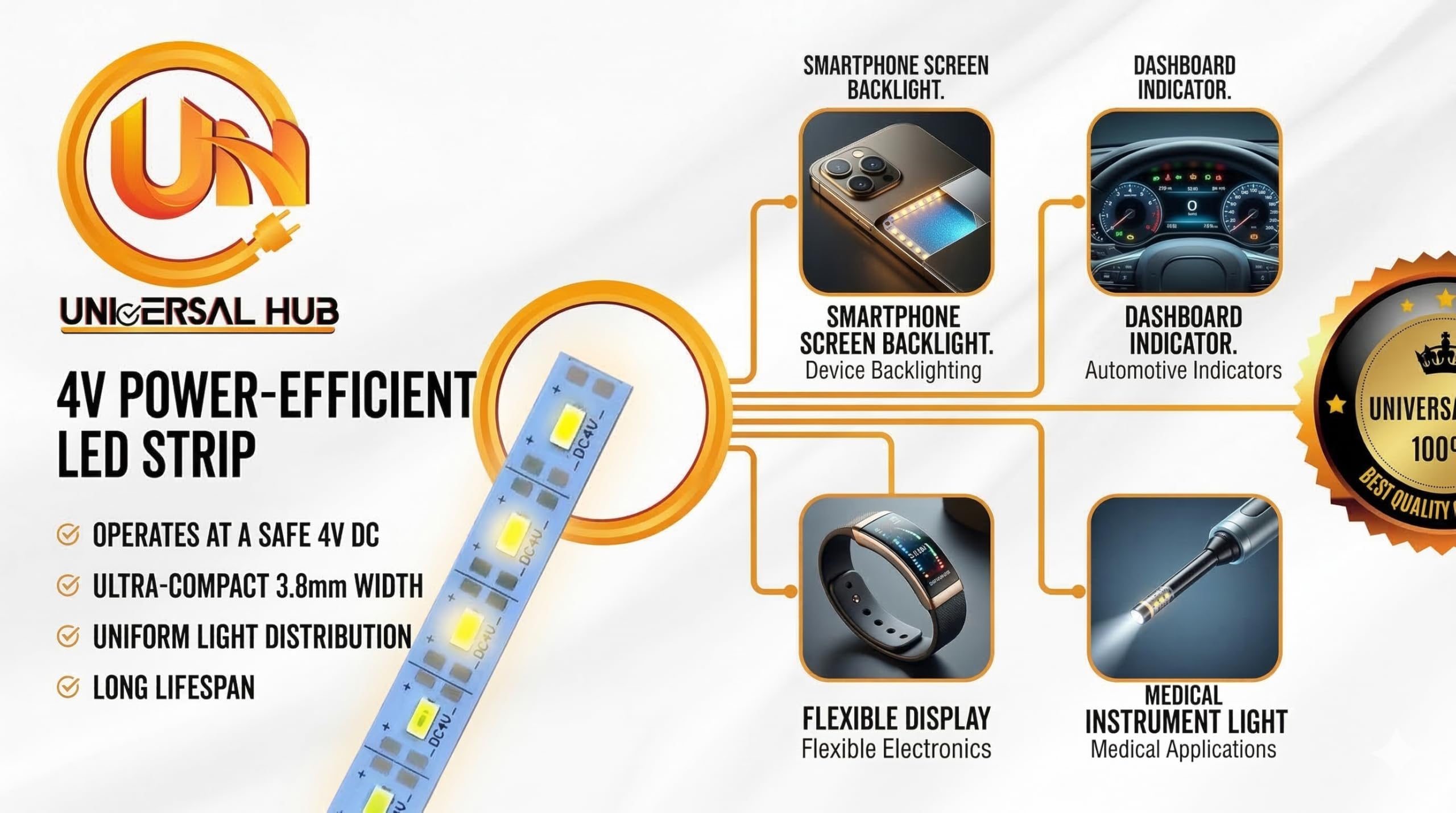 UNIVERSAL HUB DC 4V 100 LEDs Aluminium Strip Light, White Color, High Brightness, 5 Watts - Image 3
