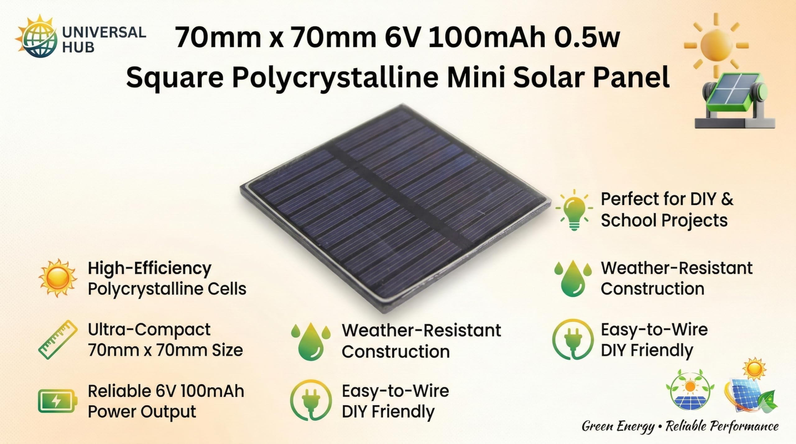 UNIVERSAL HUB Polycrystalline Mini Solar Panels for DIY Projects 70mm x 70mm 6V 100mAh 0.5w Square Shape 2Pcs - Image 2