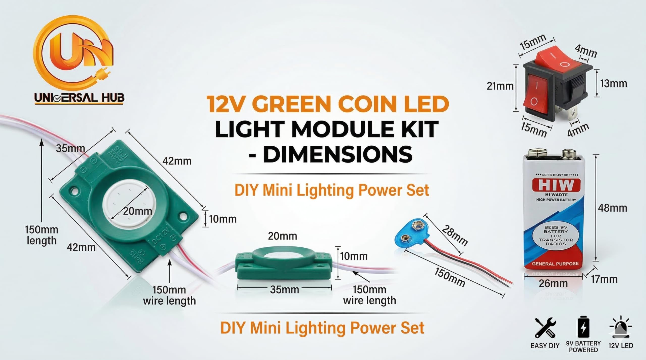 UNIVERSAL HUB COMBO OF 12V GREEN COIN LED Light Module Kit with 2 PIN ON/Off Rocker Switch, 9V Battery & Battery Clip Connector ? DIY Mini Lighting Power Set - Image 4