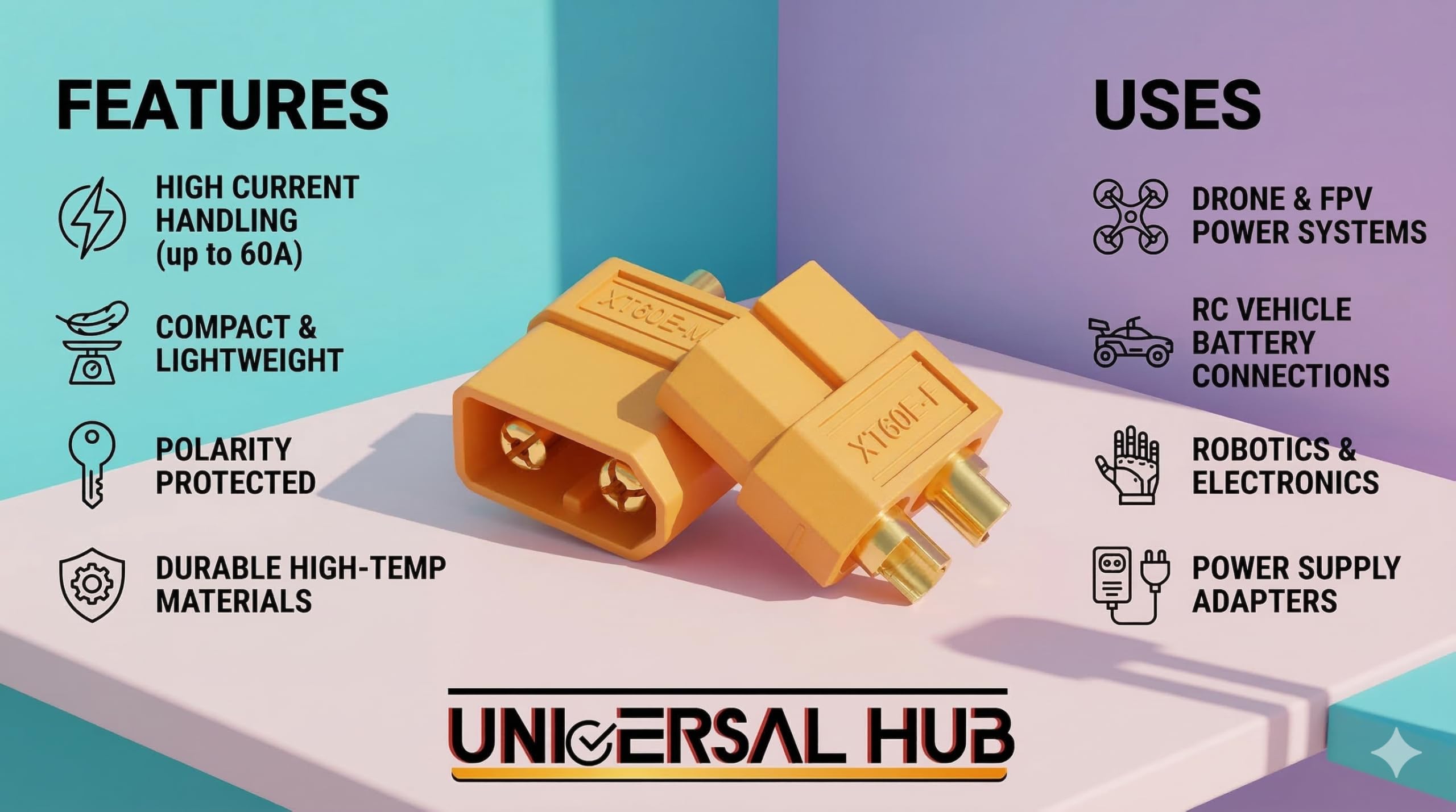 Universal Hub XT60 Connector Pin Set ? Yellow Gold Plated Battery Connector Plugs (Male & Female) for RC Lipo Batteries, Drones, and Robotics (1) - Image 5