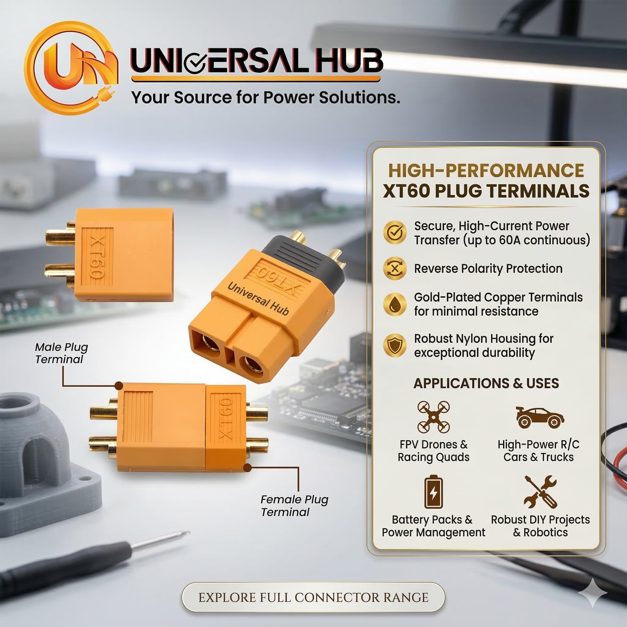 Universal Hub XT60 Connector Pin Set ? Yellow Gold Plated Battery Connector Plugs (Male & Female) for RC Lipo Batteries, Drones, and Robotics (5) - Image 5