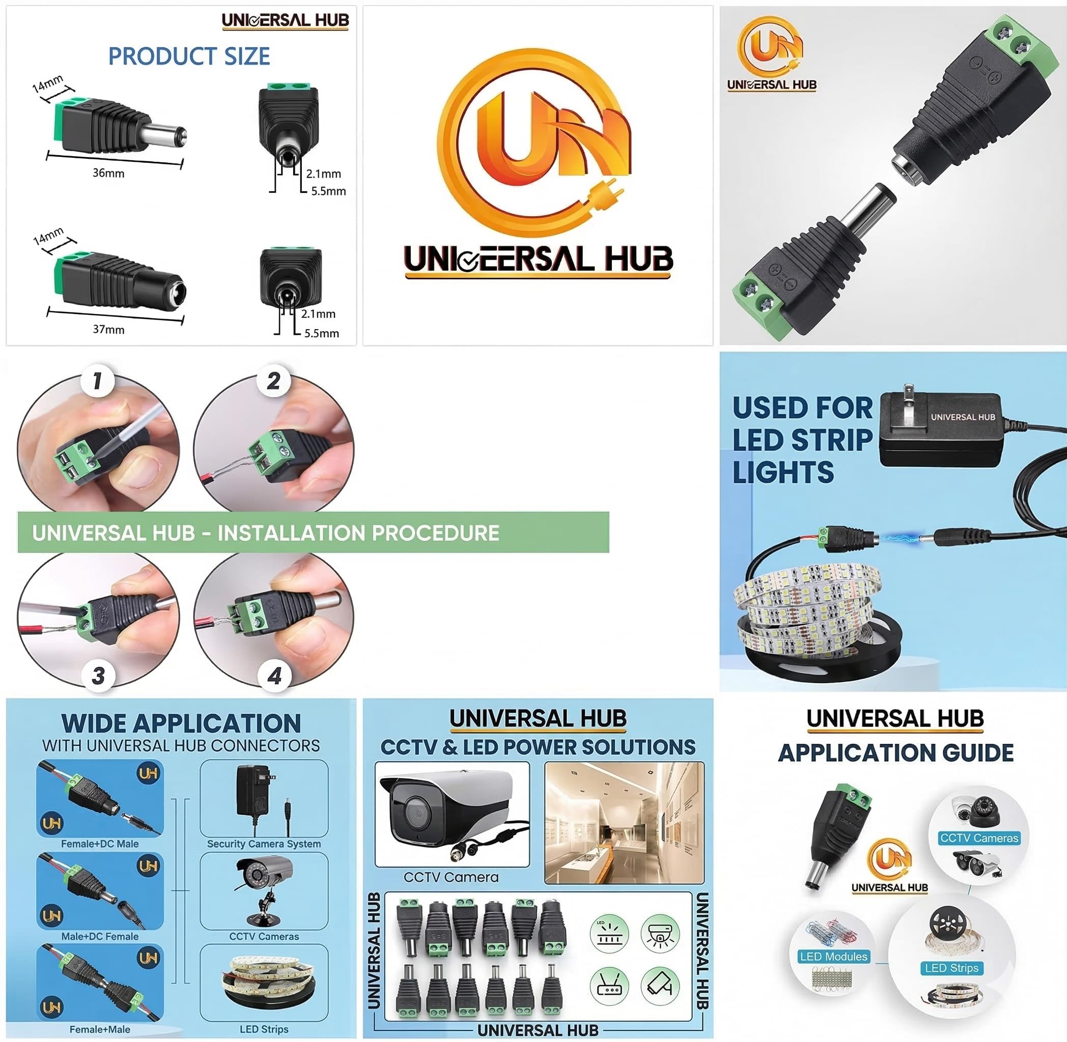 UNIVERSAL HUB DC Power Jack Plug Adapter Connector, 12V, 24V Male + Female 2.1 x 5.5MM Connector Terminal Barrel for CCTV Camera/LED Strip Light, DVR, Car Rearview Monitor System 2 Pair - Image 5