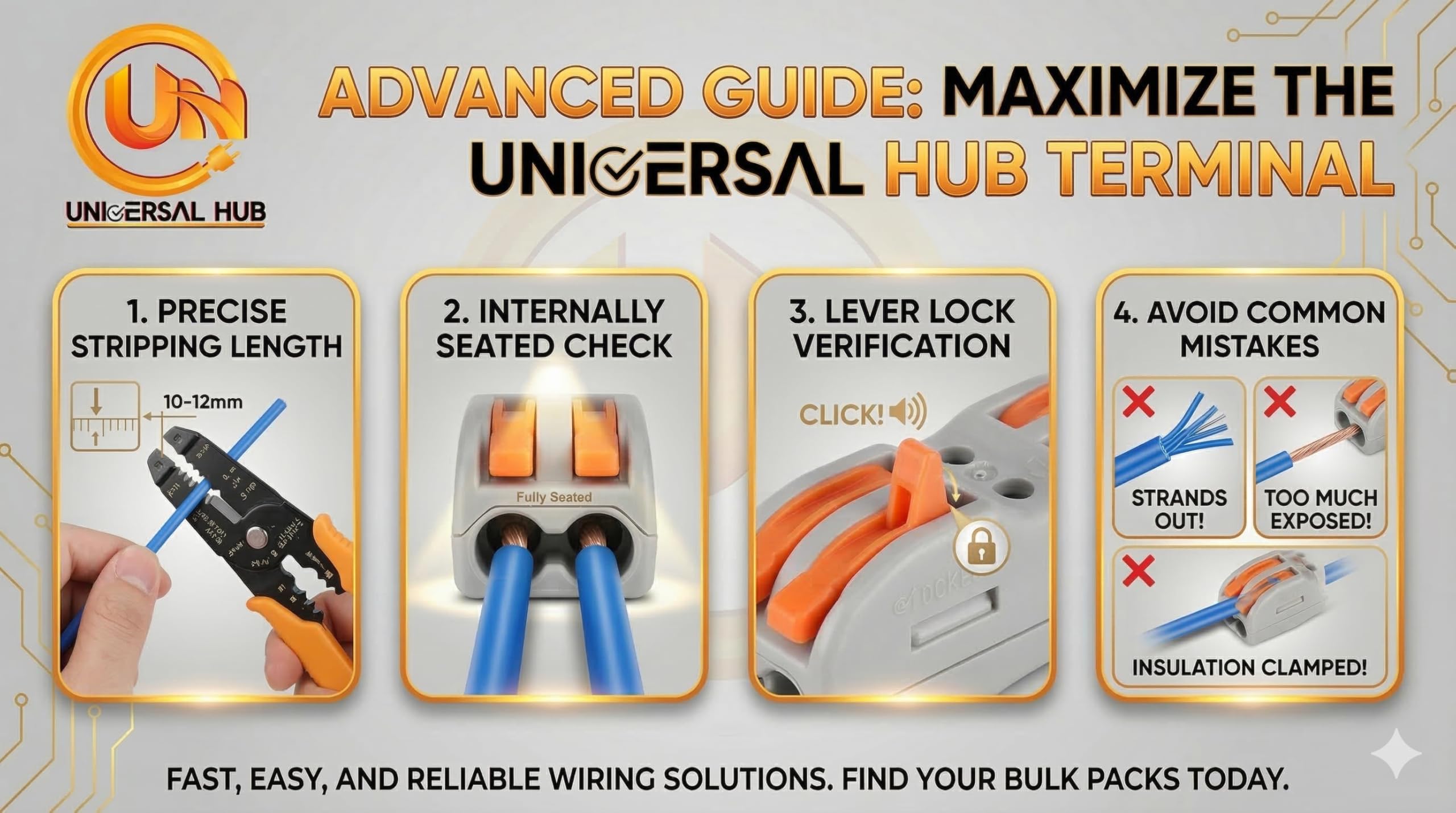 Universal Hub Lever Wire Connectors - 2 In 2 Out Inline Electrical Splice Terminals, 24-12 AWG Push-Type Quick Connectors, Compact Wire Joiner for DIY Projects & Home Electrical (Pack of 2) - Image 4