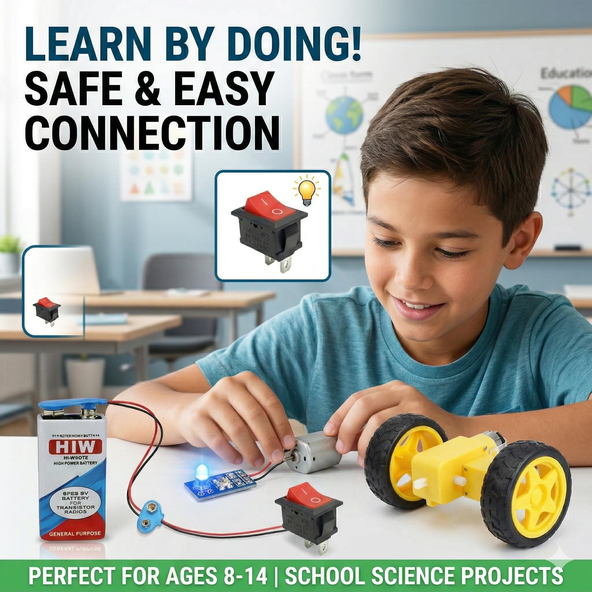 Universal Hub Combo 2 BO Motor, Rocker Switch Battery Clip and Battery Science Project Kit | Electronic Experiment Kit for Kids 8-14 Years - Image 3
