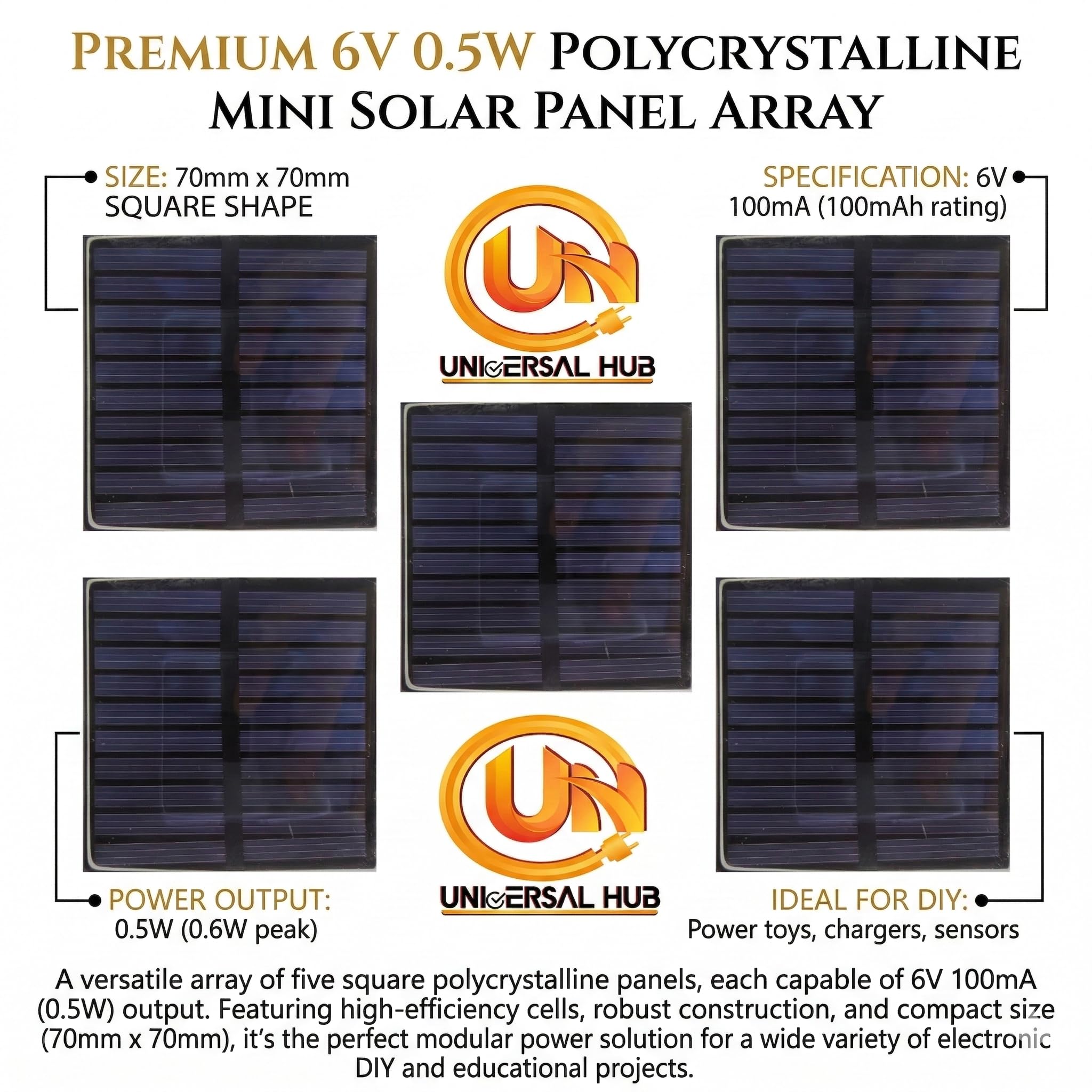 UNIVERSAL HUB Polycrystalline Mini Solar Panels for DIY Projects 70mm x 70mm 6V 100mAh 0.5w Square Shape - Image 3