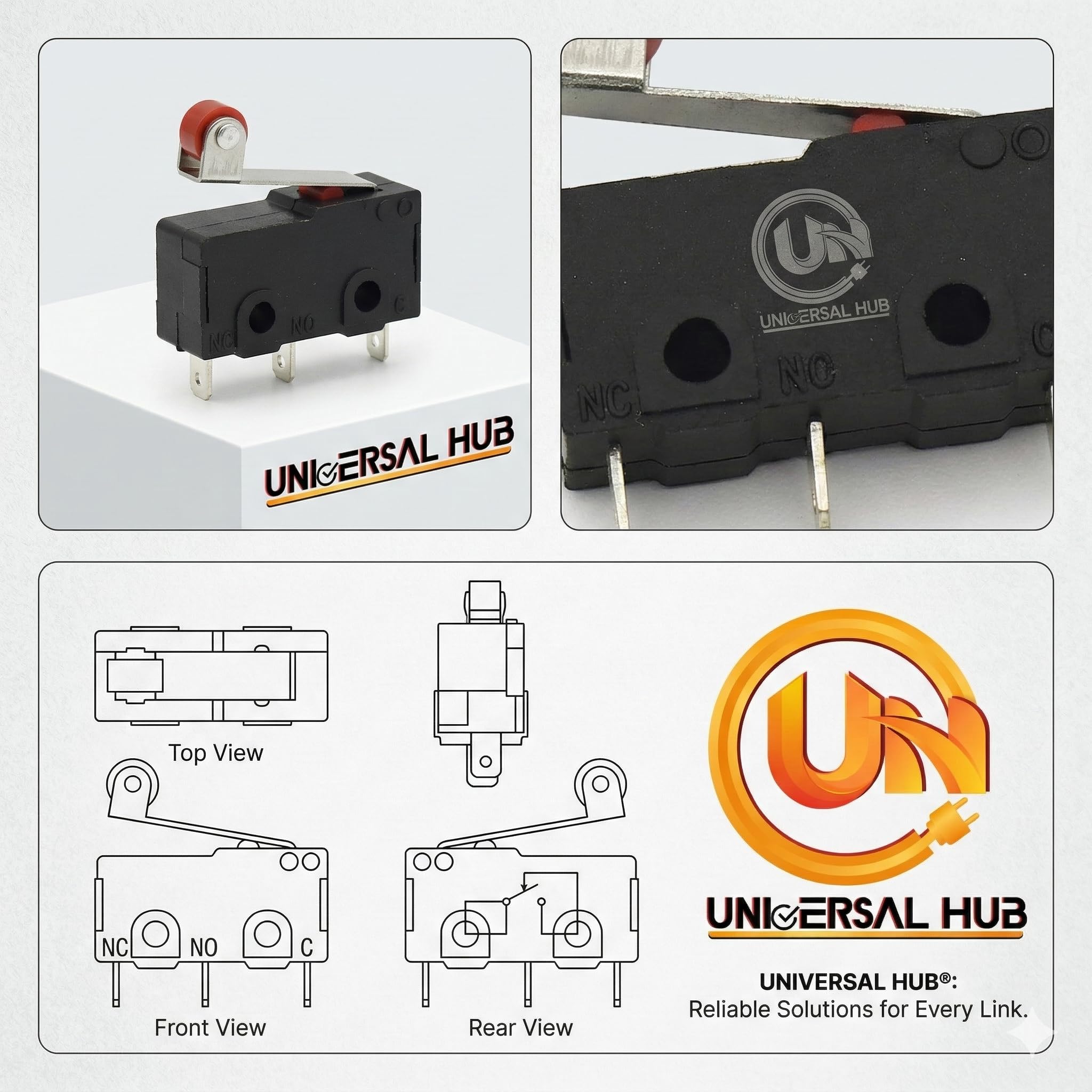 Universal Hub 2 Pieces Momentary Roller Lever Arm Micro Limit Switch, 3 Pin SPDT, AC 250V 5A, Through Hole Mount - Image 4
