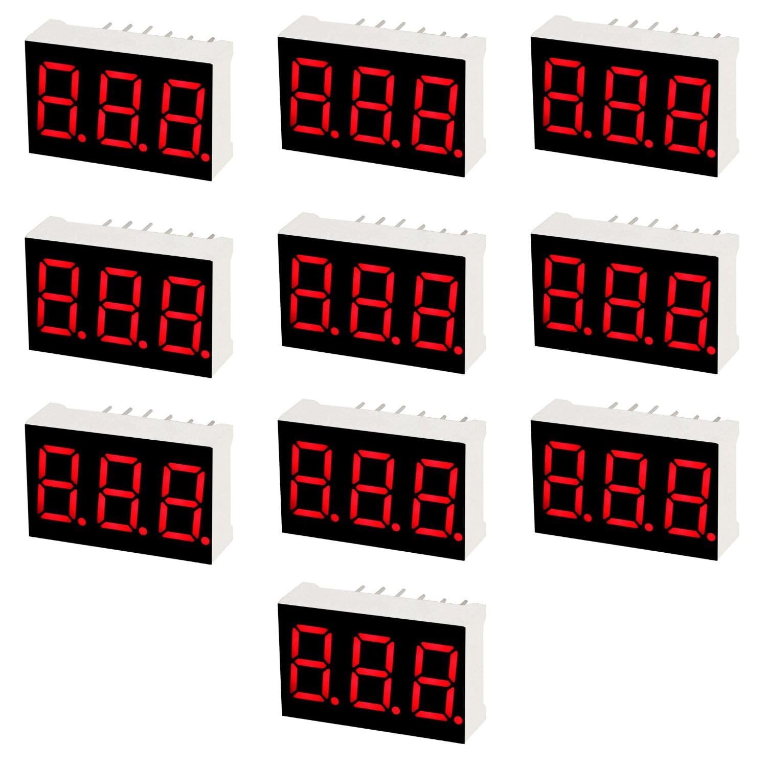 Universal Hub Pack of 10 Piece 3-Digit 7-Segment LED Display 0.56" - Bright Red, Common Cathode, 11-Pin High Intensity Display