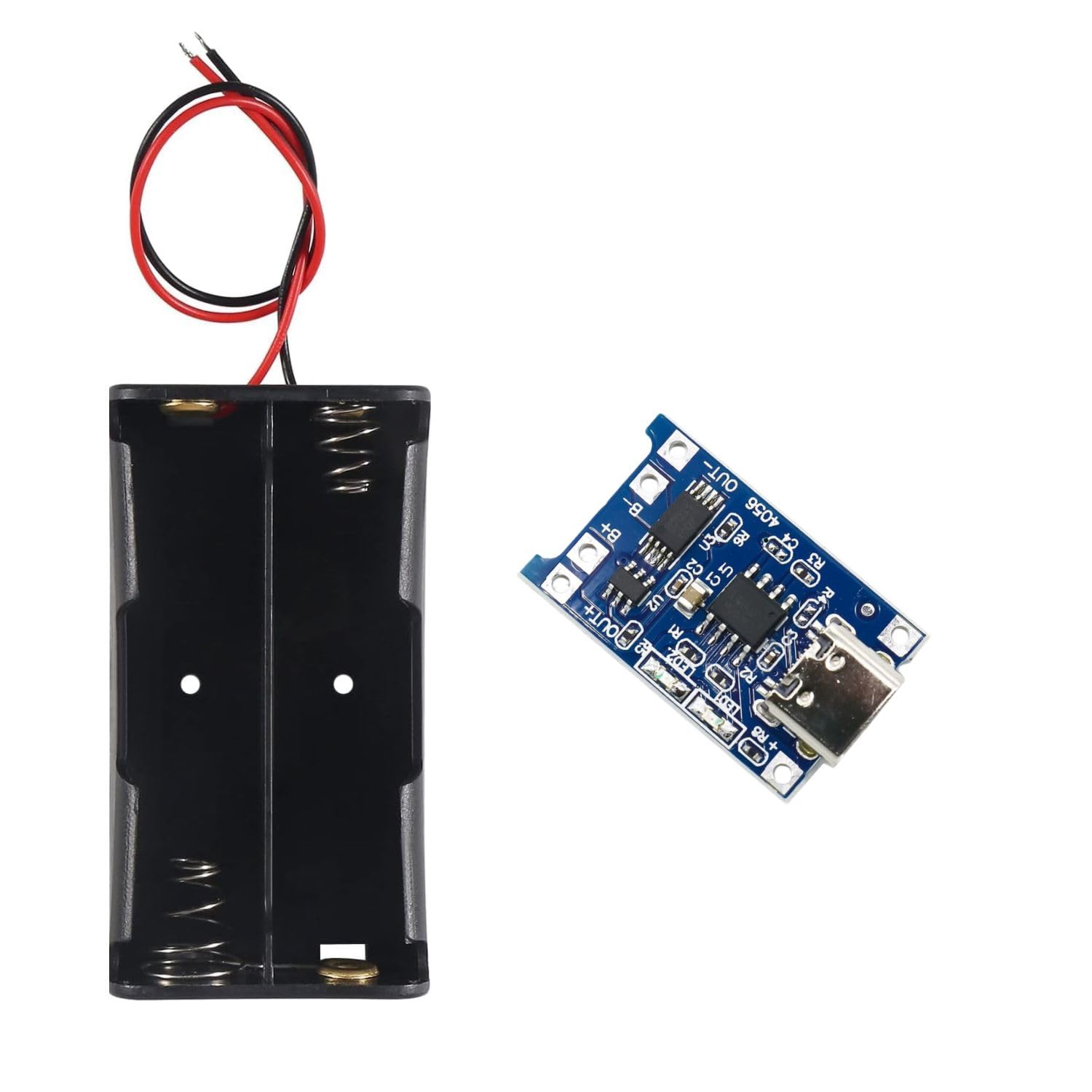 TP4056 Type-C USB Lithium Battery Charger Module with 18650 Battery 2 Slot Holder, 1A 5V Li-ion Charging Board for DIY Projects and Robotics Pack of (TP4056 Module + 2-Slot Holder)