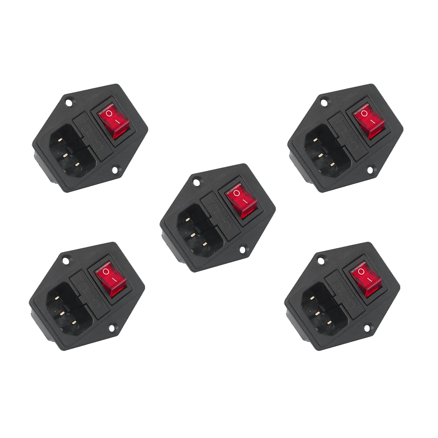 Universal Hub 5PCS IEC320 C15 10A 250V AC Power Socket | 3-Pin Male Panel Mount Inlet Module with 5A Fuse & Rocker Switch