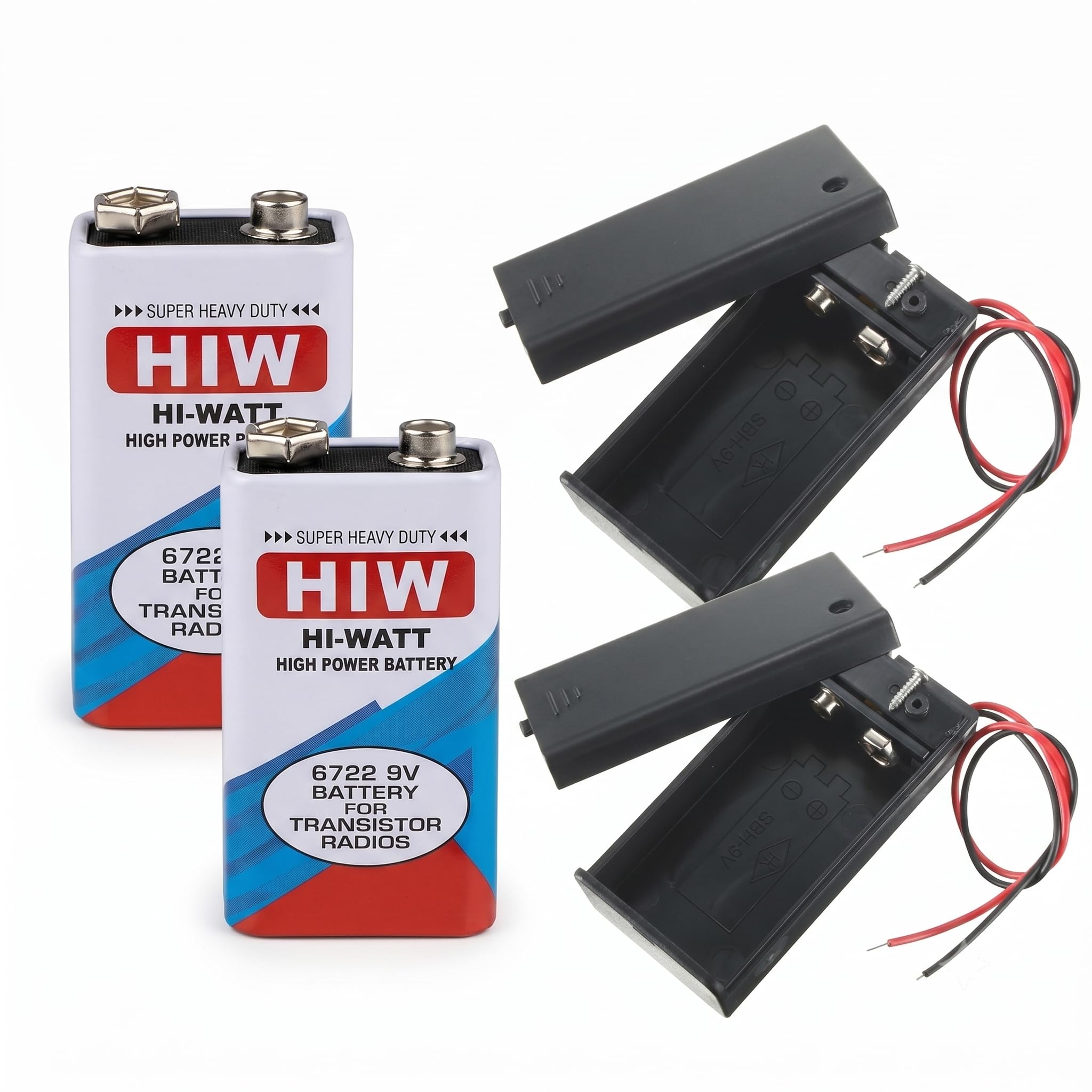 2-Pack 9V Battery & Holder Set - HIW 9 Volt Batteries + Enclosed Case with Wire Leads for DIY Projects