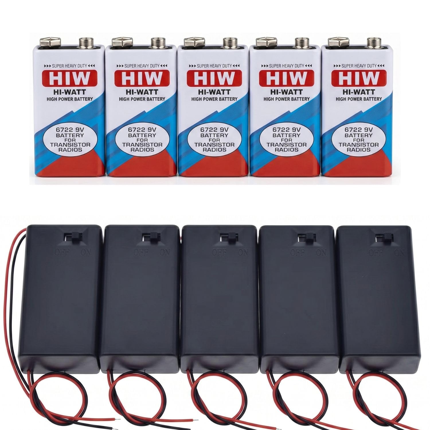Universal Hub 5-Pack 9V Battery & 5 Enclosed Holder Set with Wire Leads for DIY Projects
