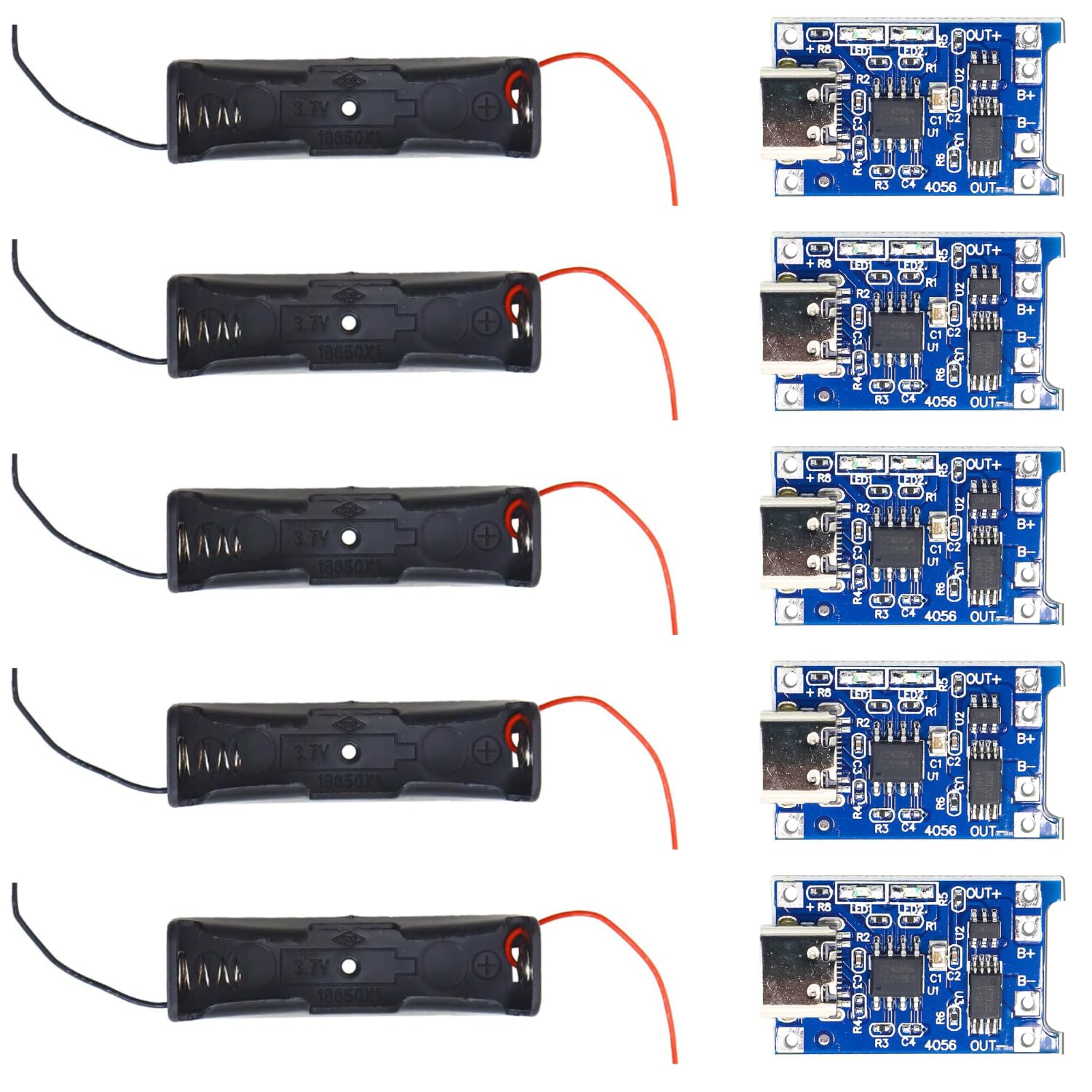 UNIVERSAL HUB TP4056 Type-C USB Lithium Battery Charging Module with 5 x 18650 Battery Holder | 1A 5V Li-ion Charger Board with Protection | Pack of 5 Sets | DIY Power Bank and Electronics Projects