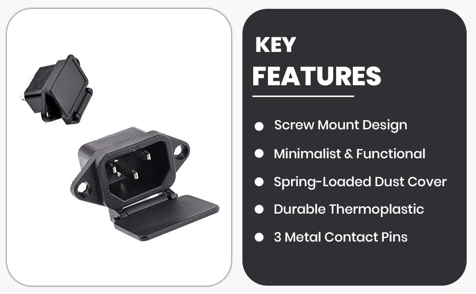 Universal Hub 5Pcs Heavy-Duty IEC C14 Panel Mount Power Inlet | 10A 250V AC, 3-Pin Male Socket with Spring Cover & Screw Mount - Image 7