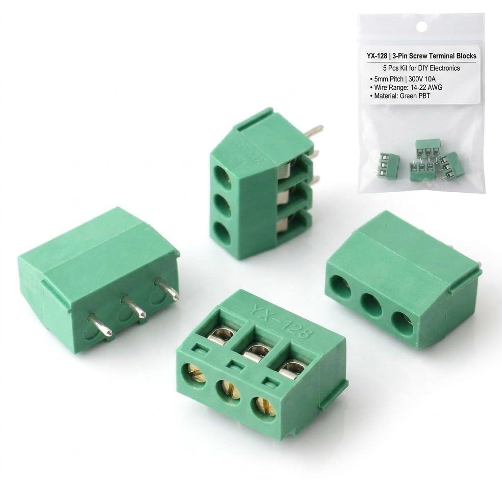 Universal Hub 10Pcs 3-Pin Screw Terminal Block Connectors, 5mm Pitch PCB Mount Wire Connectors, 300V 10A, 14-22 AWG, Green PBT YX-128 for DIY Electronics - Image 5