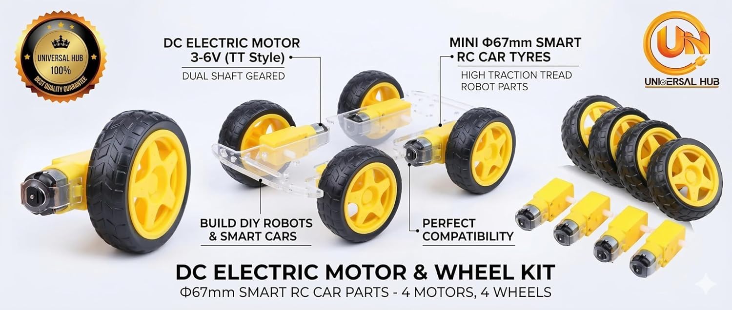 UNIVERSAL HUB 300 RPM BO Motor and Wheel Combo (4 Motors + 4 Wheels), Dual Shaft Gear Motors for Robotics and Educational Projects - Image 9