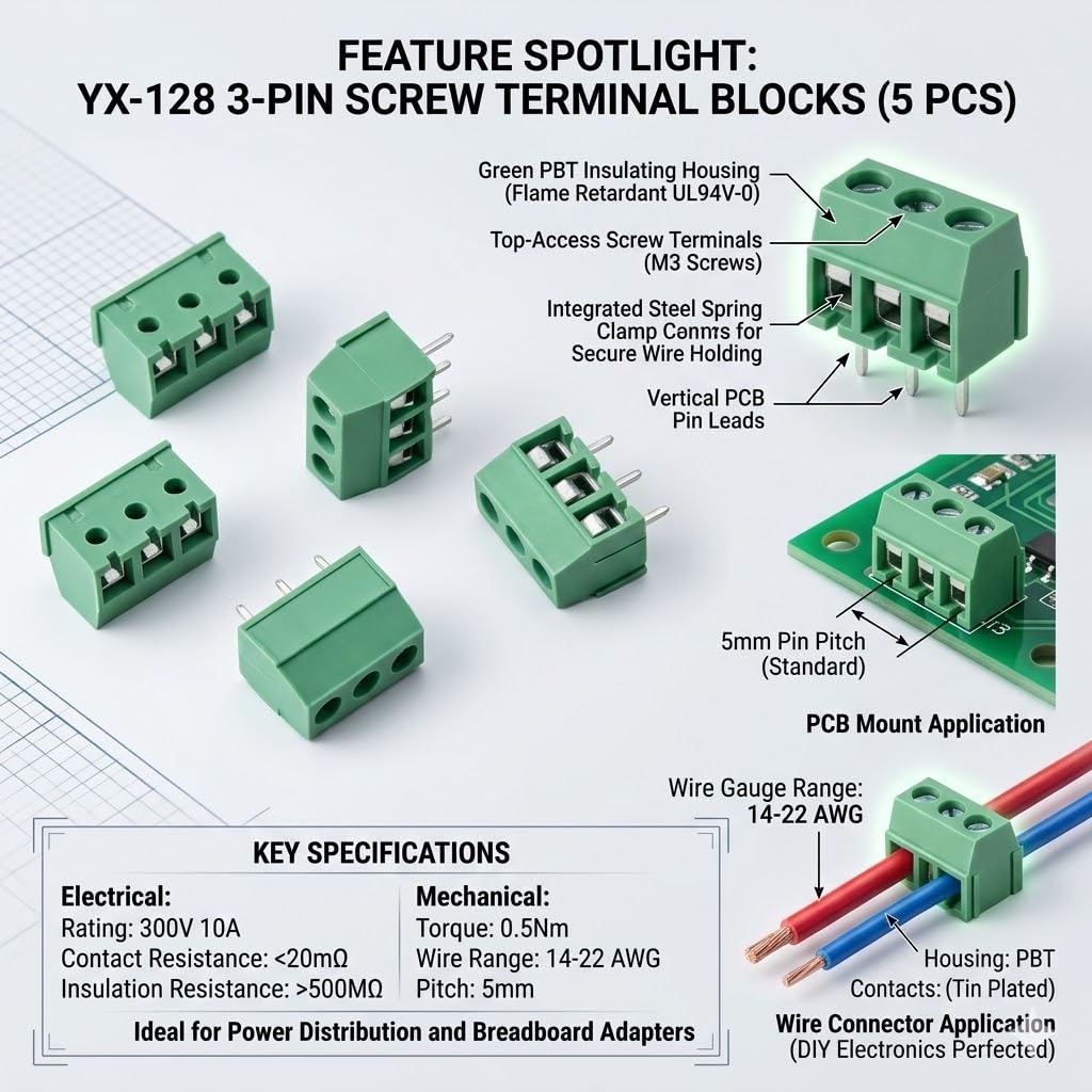 Universal Hub 10Pcs 3-Pin Screw Terminal Block Connectors, 5mm Pitch PCB Mount Wire Connectors, 300V 10A, 14-22 AWG, Green PBT YX-128 for DIY Electronics - Image 6