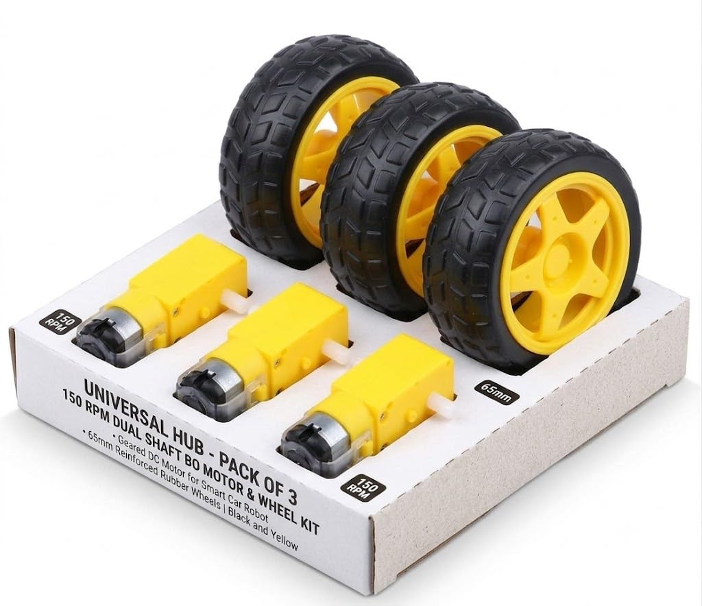Universal Hub PACK OF BO MOTOR-3 & WHEEL-3150 RPM Dual Shaft BO Motor with 65mm Robot Wheel, Reinforced Rubber Wheel, Geared DC Motor for Smart Car Robot, Black and Yellow - Image 2