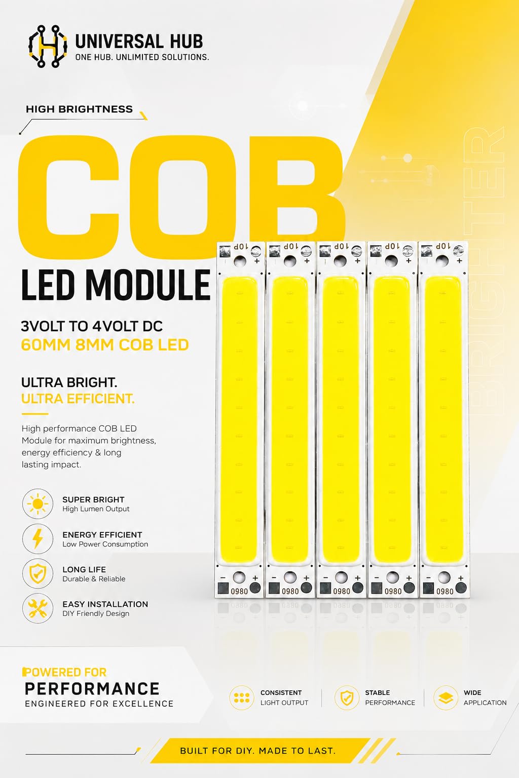 Universal Hub Pack of 5 COB LED Strip Module, 3V-4V DC, 60mm x 8mm, Ultra Bright White - Image 2
