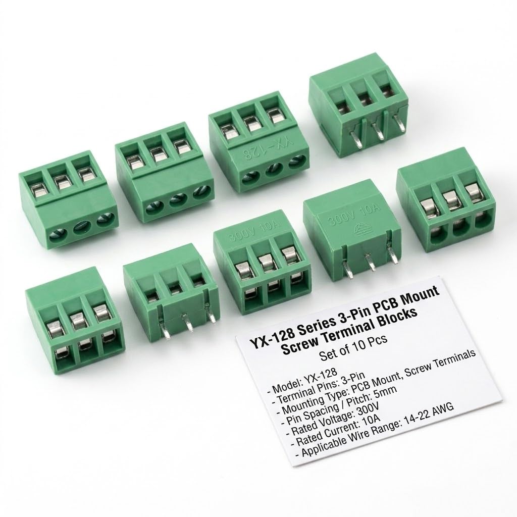 Universal Hub 10Pcs 3-Pin Screw Terminal Block Connectors, 5mm Pitch PCB Mount Wire Connectors, 300V 10A, 14-22 AWG, Green PBT YX-128 for DIY Electronics - Image 3