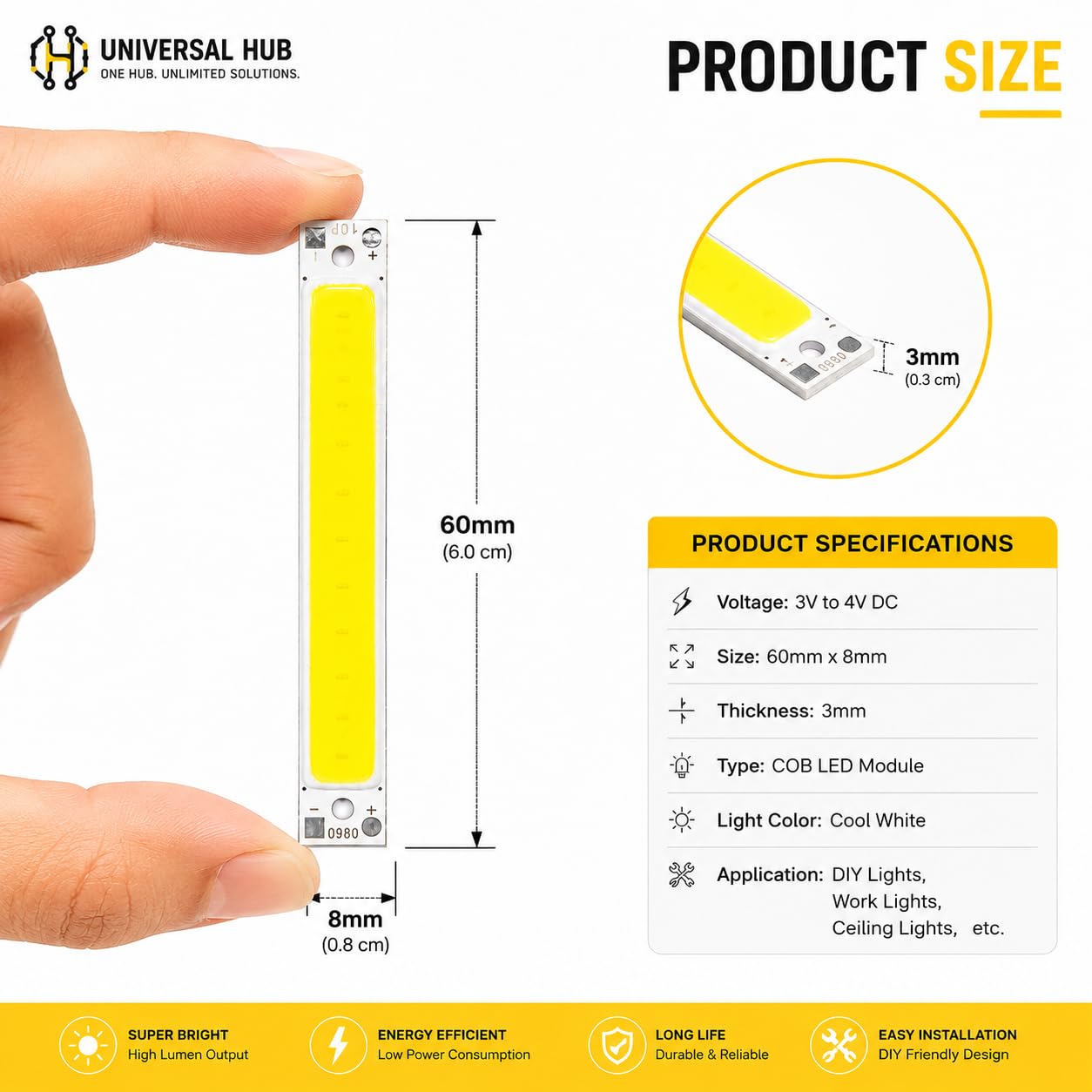 Universal Hub Pack of 5 COB LED Strip Module, 3V-4V DC, 60mm x 8mm, Ultra Bright White - Image 3