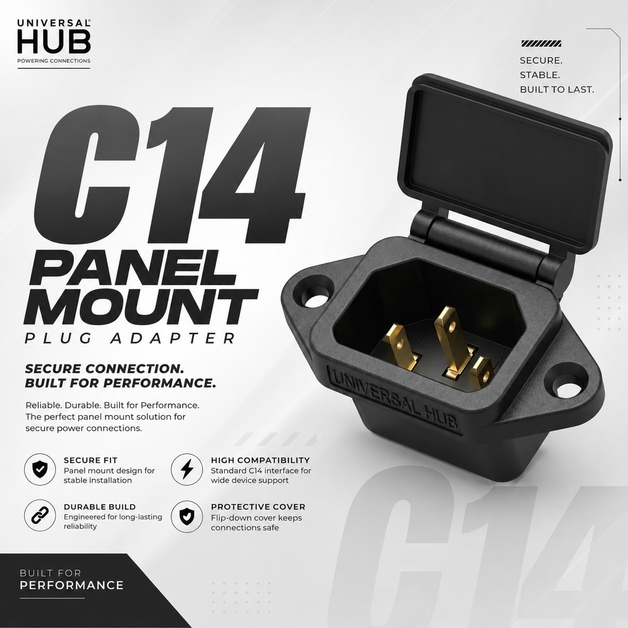 Universal Hub 5Pcs Heavy-Duty IEC C14 Panel Mount Power Inlet | 10A 250V AC, 3-Pin Male Socket with Spring Cover & Screw Mount - Image 2