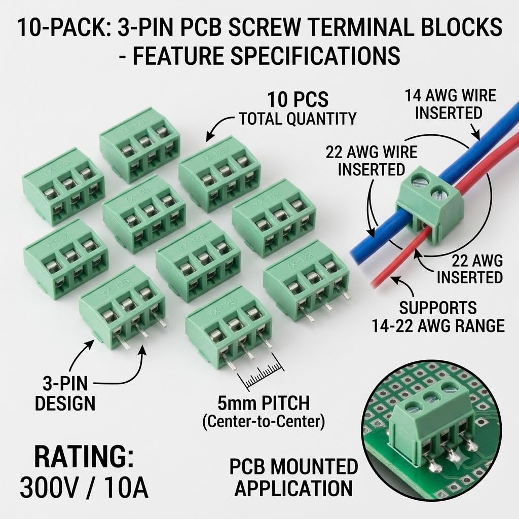 Universal Hub 10Pcs 3-Pin Screw Terminal Block Connectors, 5mm Pitch PCB Mount Wire Connectors, 300V 10A, 14-22 AWG, Green PBT YX-128 for DIY Electronics - Image 4