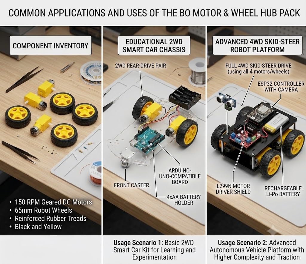 Universal Hub PACK OF BO MOTOR-3 & WHEEL-3150 RPM Dual Shaft BO Motor with 65mm Robot Wheel, Reinforced Rubber Wheel, Geared DC Motor for Smart Car Robot, Black and Yellow - Image 3