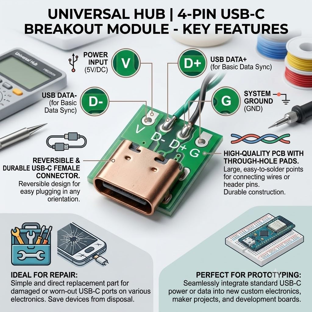 Universal Hub Type-C 4-Pin Female Breakout Board - Reversible Charging Port for DIY Electronics - Image 3
