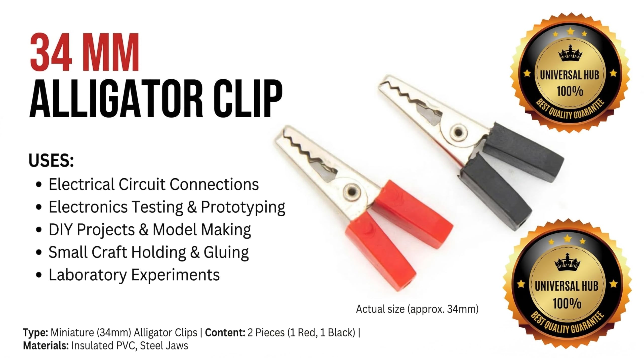 Universal Hub 20 Pair 34mm Crocodile Alligator Clips (Pair - Red & Black) | Insulated Testing Clamps for DIY Robotics & Electronics Projects - Image 8