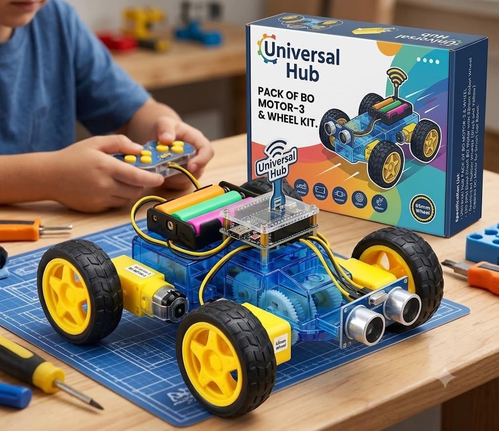 Universal Hub PACK OF BO MOTOR-3 & WHEEL-3150 RPM Dual Shaft BO Motor with 65mm Robot Wheel, Reinforced Rubber Wheel, Geared DC Motor for Smart Car Robot, Black and Yellow - Image 4