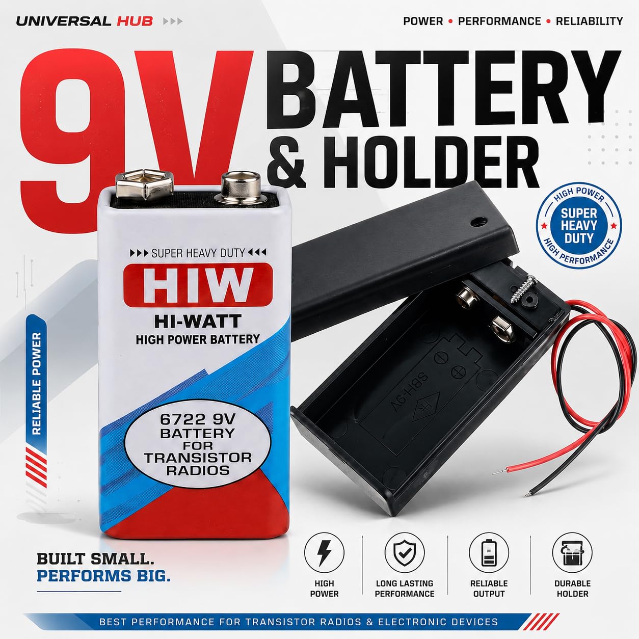 Universal Hub 5-Pack 9V Battery & 5 Enclosed Holder Set with Wire Leads for DIY Projects - Image 2