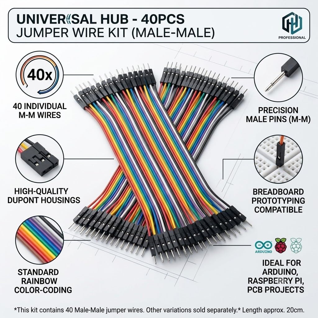 Universal Hub 40PCS Jumper Wire Kit M-M, M-F & F-F Dupont Cables for Ardino, Raspberry Pi, Breadboard, PCB and DIY Electronics Projects (Male-Male) - Image 2