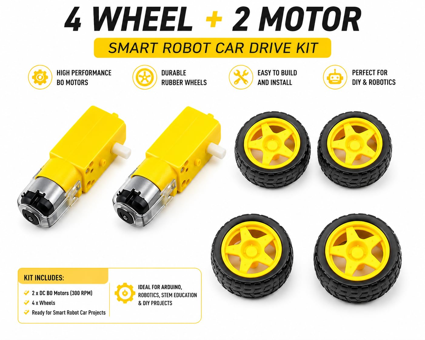 Universal Hub 4 Wheel + 2 Motor 300 RPM BO Motor Dual Shaft Smart Car Robot Kit for Ardino DIY Projects - Image 2