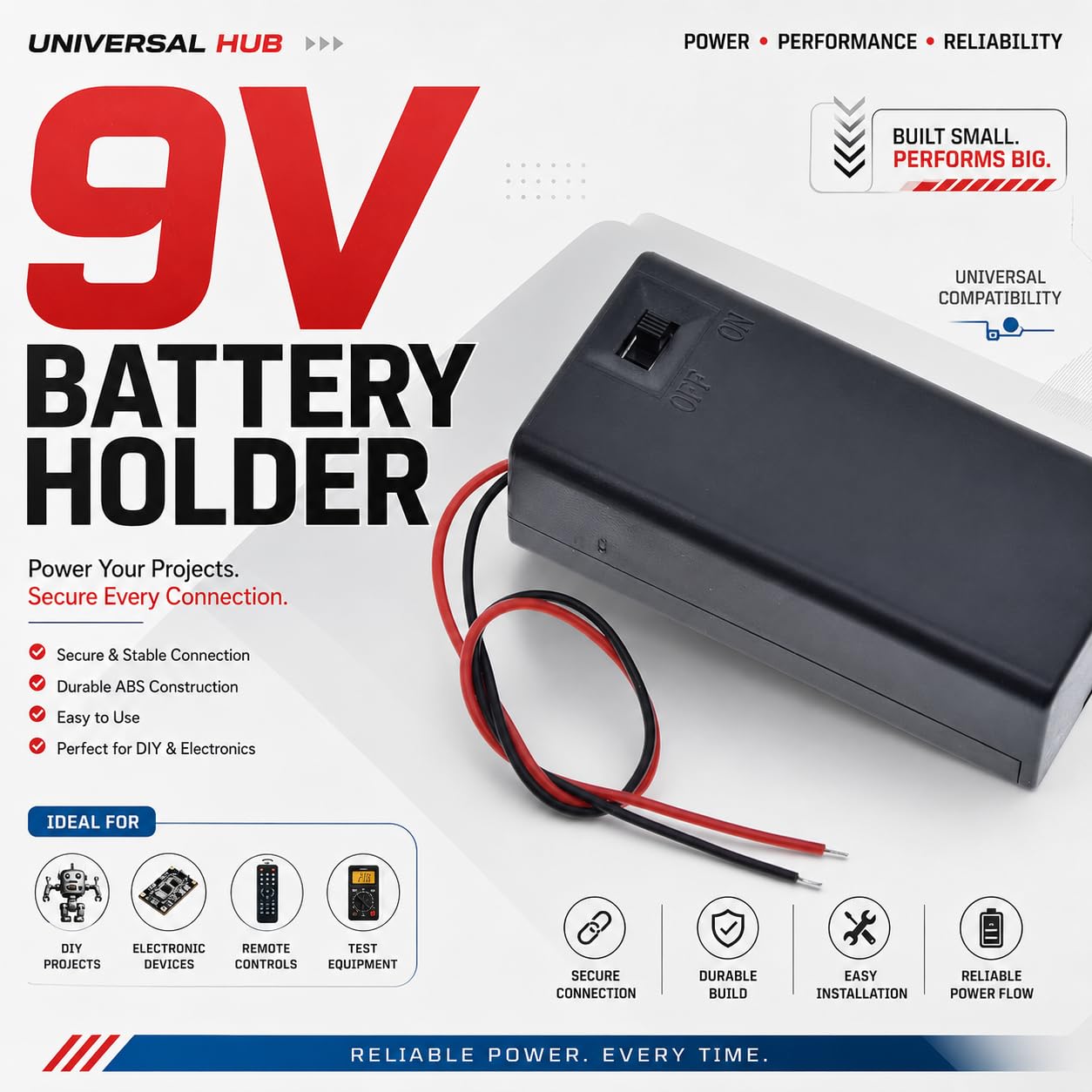 Universal Hub 9V Battery Holder Clip Connector with Wire Leads for DIY Science Projects, Ardino & Robotics - Image 2