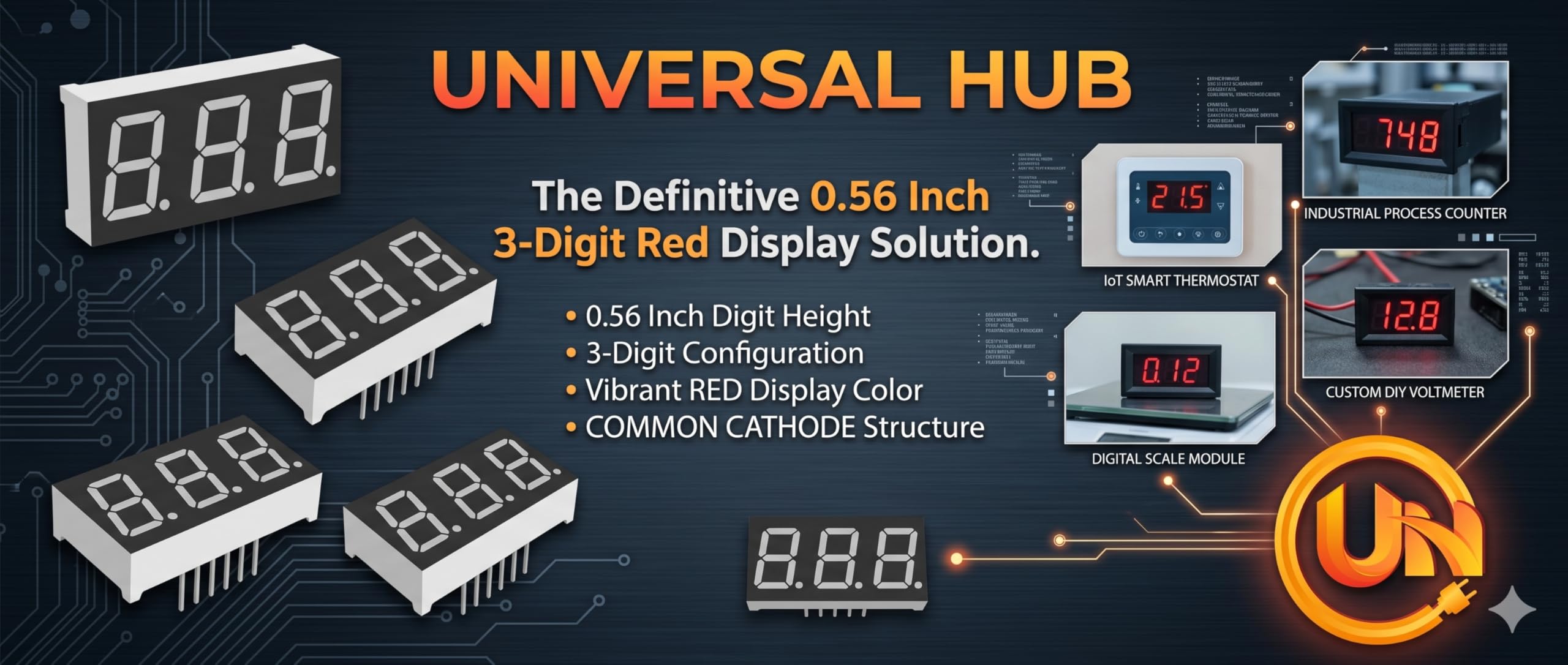 Universal Hub Pack of 10 Piece 3-Digit 7-Segment LED Display 0.56" - Bright Red, Common Cathode, 11-Pin High Intensity Display - Image 8