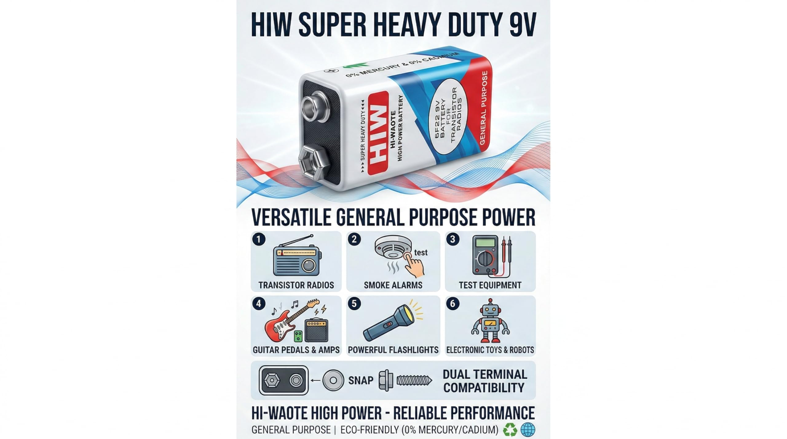 UNIVERSAL HUB 9V Battery (Pack of 2) with 2 Battery Snapper Clips ? Non-Rechargeable Zinc Carbon Battery for LED Circuits, Sensors & Student DIY Kits - Image 6