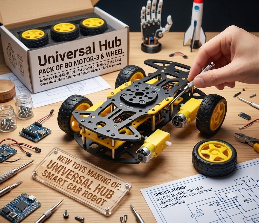 Universal Hub PACK OF BO MOTOR-3 & WHEEL-3150 RPM Dual Shaft BO Motor with 65mm Robot Wheel, Reinforced Rubber Wheel, Geared DC Motor for Smart Car Robot, Black and Yellow - Image 6