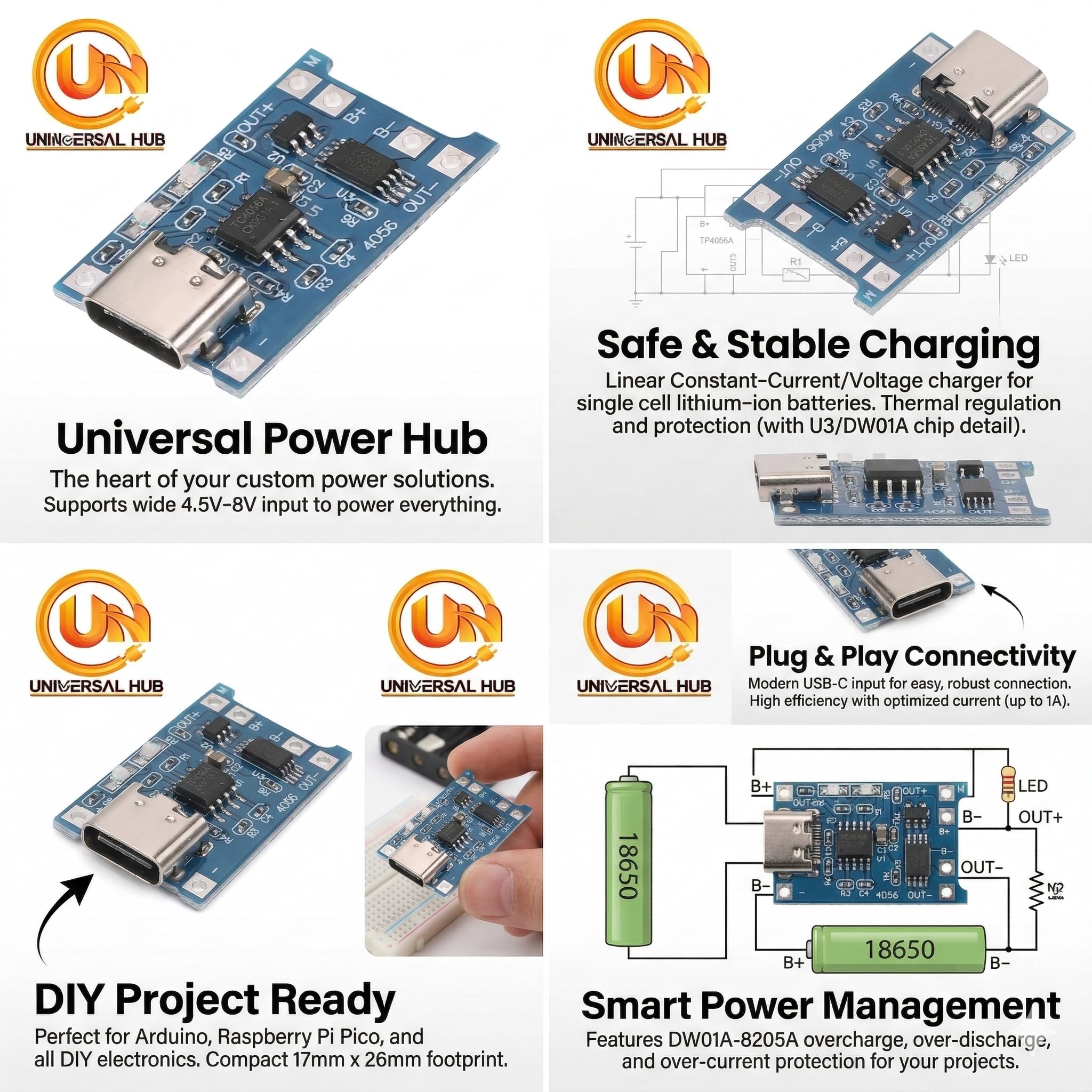 (1PAIR, 3 Slot) TP4056 Type-C USB Lithium Battery Charger Module with 18650 Battery Holder, 1A 5V Li-ion Charging Board with Overcharge & Over-Discharge Protection for DIY Projects and Robotics - Image 9