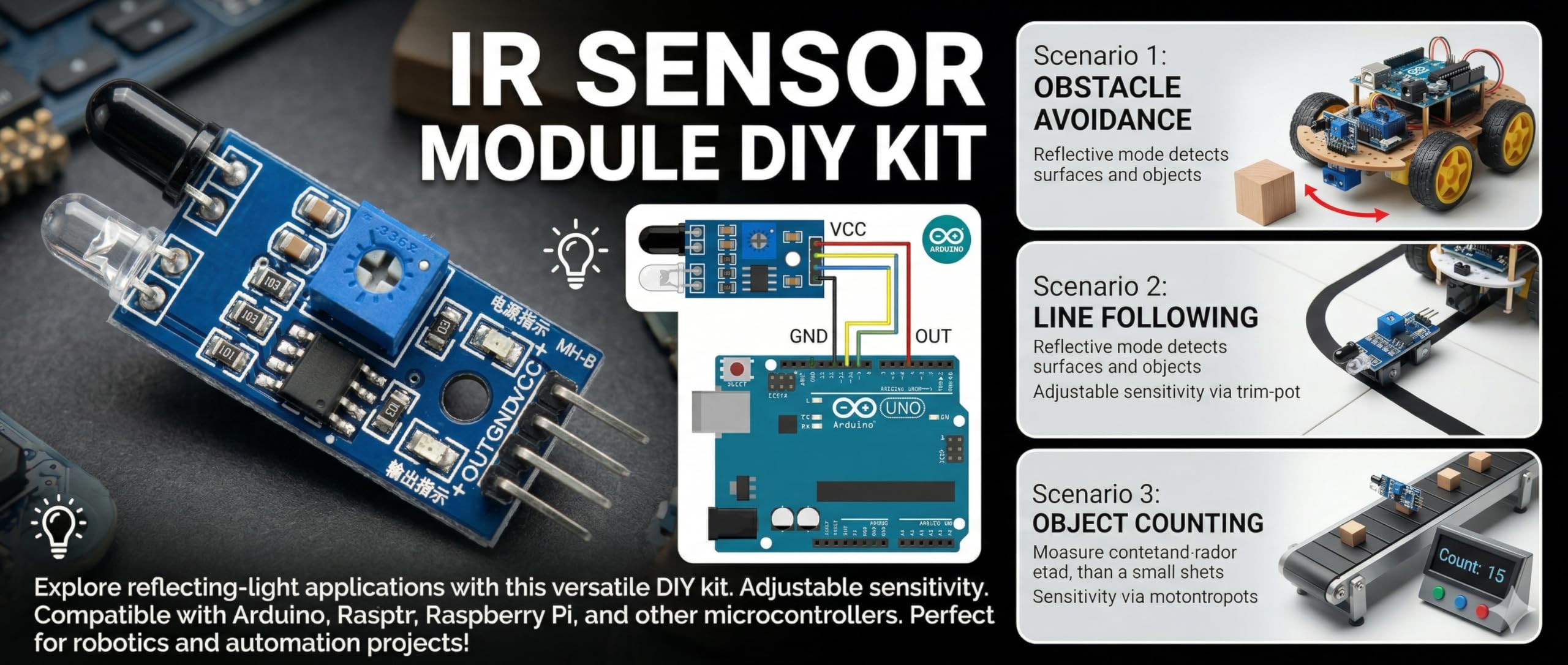 UNIVERSAL HUB 2Pcs IR Infrared Sensor Module, Reflective Photoelectric Obstacle Avoidance Sensor, Adjustable Light Intensity Detection DIY Kit for Ardino UNO and Robotics - Image 6