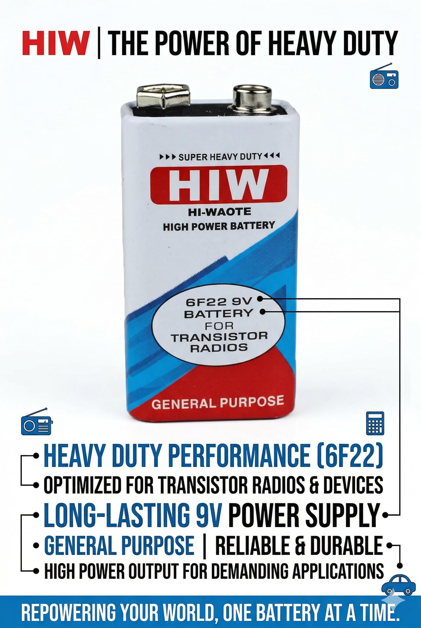UNIVERSAL HUB 9V Battery (Pack of 2) with 2 Battery Snapper Clips ? Non-Rechargeable Zinc Carbon Battery for LED Circuits, Sensors & Student DIY Kits - Image 4
