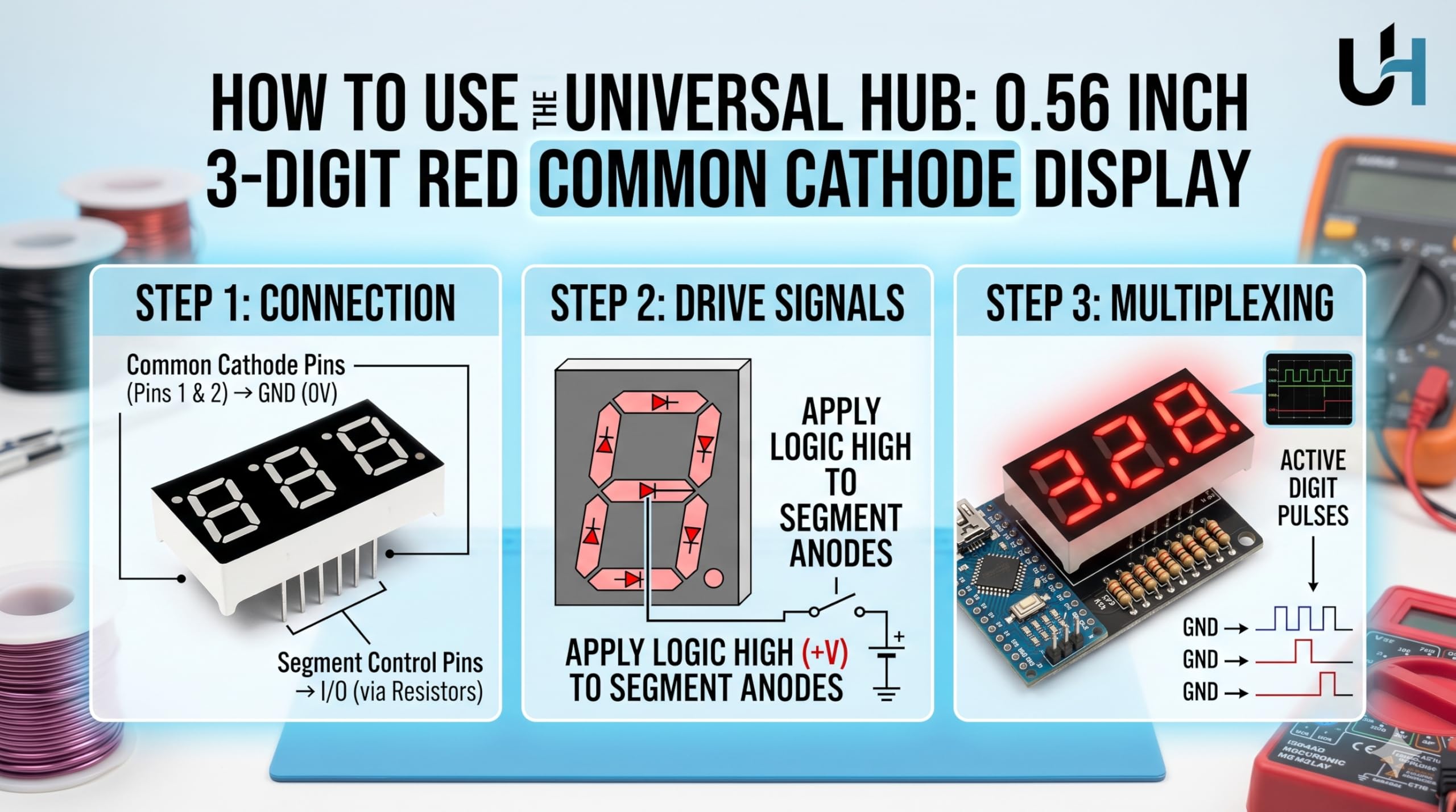 Universal Hub Pack of 10 Piece 3-Digit 7-Segment LED Display 0.56" - Bright Red, Common Cathode, 11-Pin High Intensity Display - Image 6