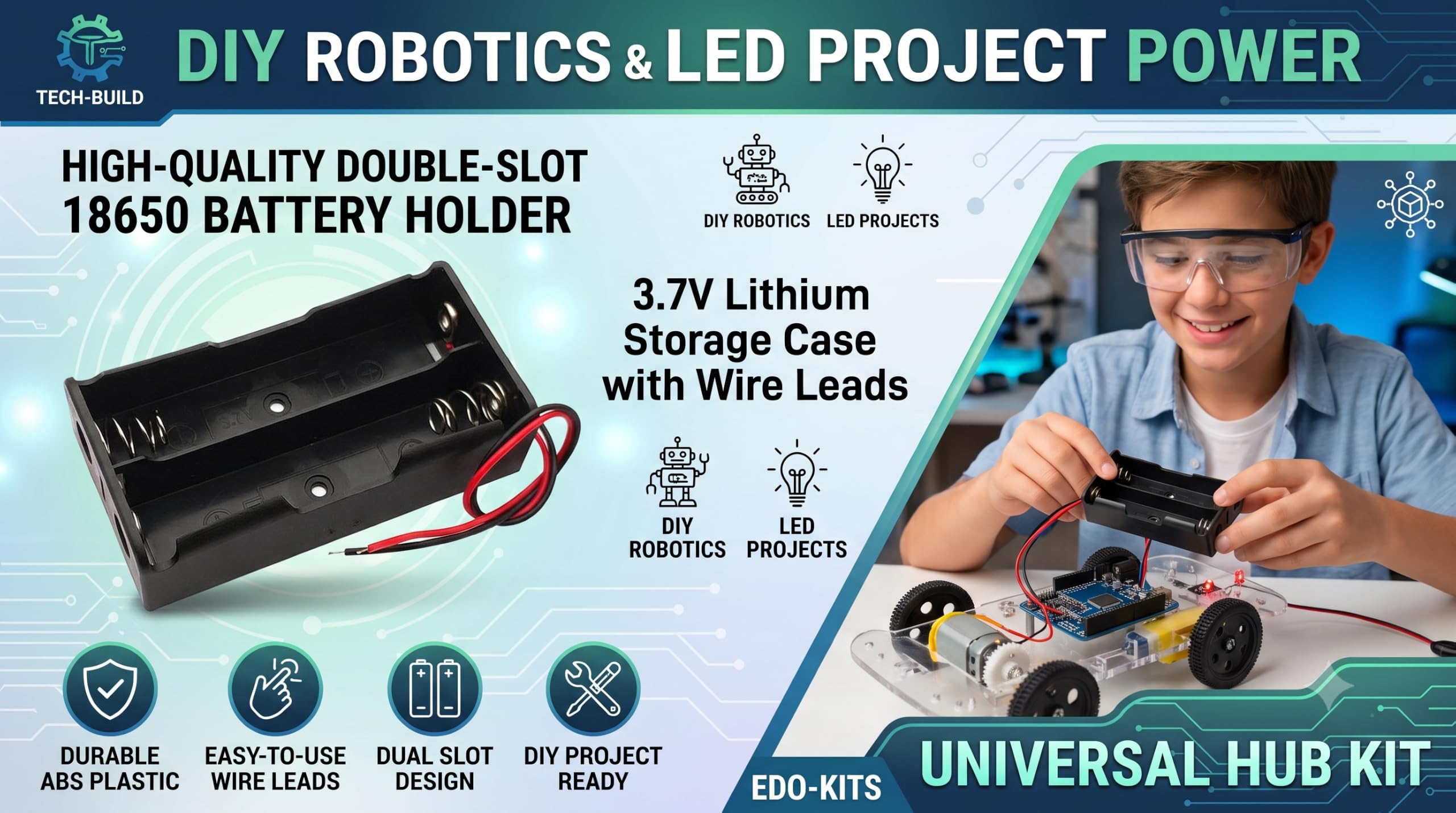 Universal Hub 18650 Battery Holder with Wire Leads, 3.7V Lithium Storage Case for DIY Robotics and LED Projects (Double -Slot) - Image 2