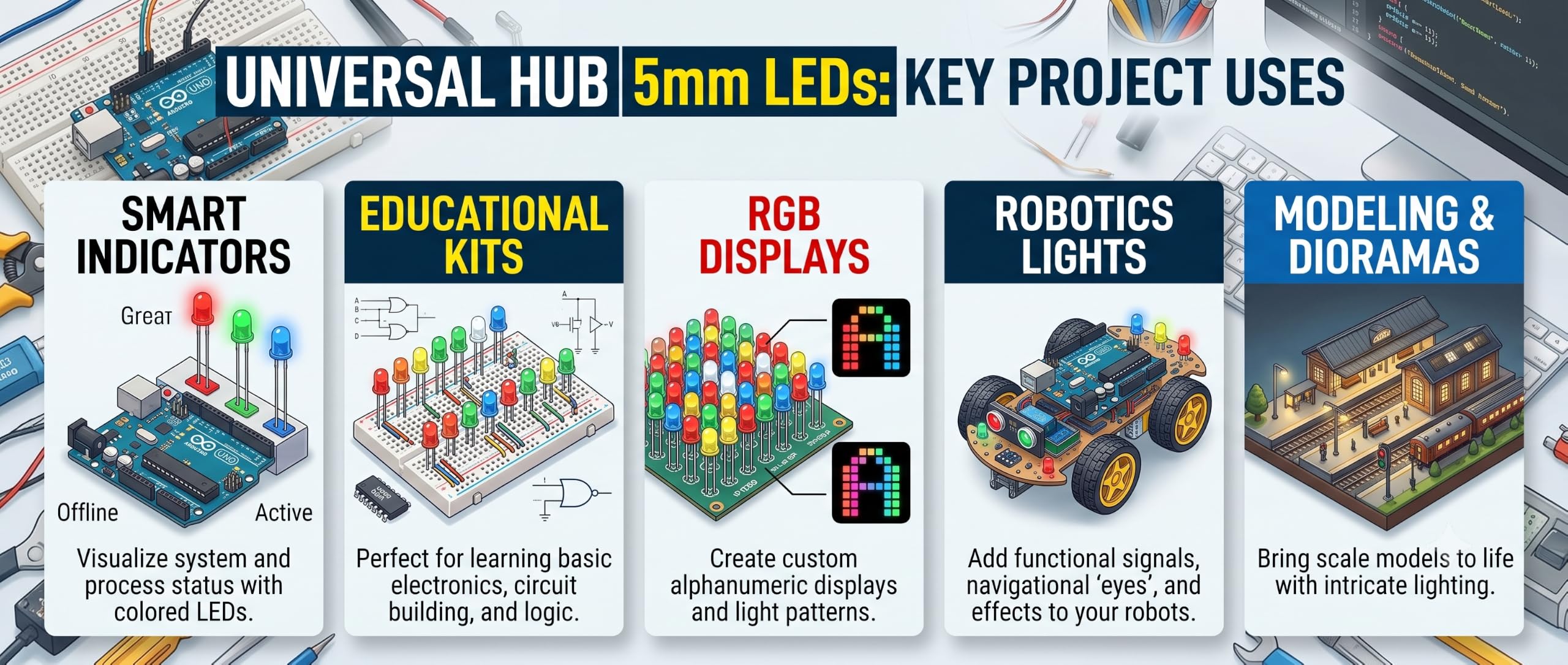 UNIVERSAL HUB 5mm Leds Combo of 100 Multicolour Led (Red,Blue,White,Green,Yellow) 20Pcs Each Color Input 1.5V Led Bulb - Image 6